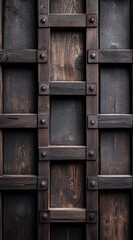 Dark wood door, metal accents, rustic texture, medieval design, interior background