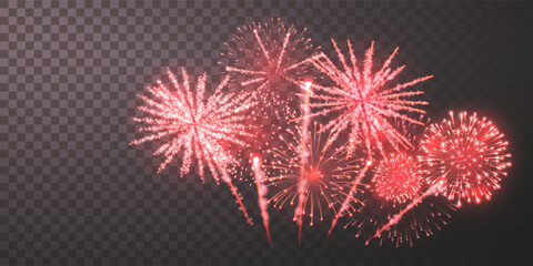 Red Fireworks Display with Bright Glowing Sparks on a Transparent Background, Perfect for Celebration, Party, and Festival Designs, Independence Day, or New Year Events. Vector Illustration