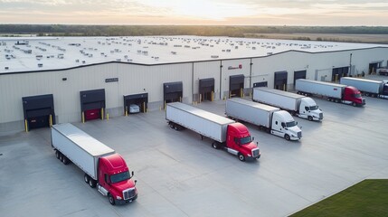 A high-angle shot shows various delivery trucks at a major warehouse's loading bays.
 