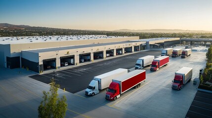 A high-angle shot shows various delivery trucks at a major warehouse's loading bays.
 