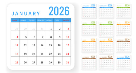 Colorful 2026 Calendar Template with Simple Monthly Layout, Organized Grid, and Modern Bright Design for Business, Personal, and Office Planning. Clean Minimal Look. Vector Illustration