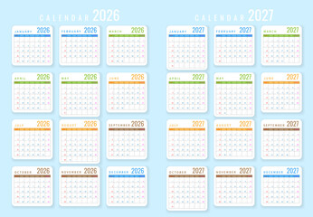 Elegant 2026 2027 Calendar Template with Colorful Monthly Grid, Minimalist Layout, Perfect for Business, Office, and Personal Planning. Clean Editable Layout Vector Illustration