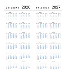 Two Year Calendar Template 2026 and 2027 with Clean Minimalist Layout for Planning, Office, Business, Personal Scheduling, and Organization. Simple Annual Design. Vector Illustration