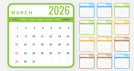 Colorful 2026 Calendar Template with Rounded Corners and Clean Minimalist Design, Ideal for Office, Business, Corporate Planning and Personal Organization. Fully Editable Vector Illustration