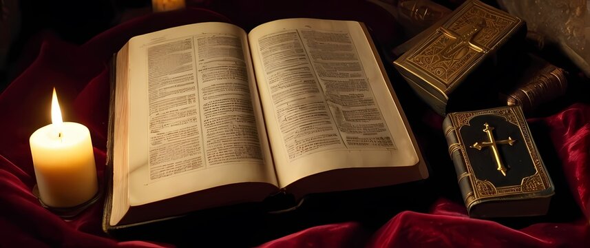 Open historic Bible resting on velvet cloth illuminated by flickering candle surrounded by ancient religious artifacts