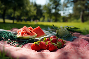 Bright summer picnic featuring fresh fruit in a lush green park adored by sunshine and vibrant colors