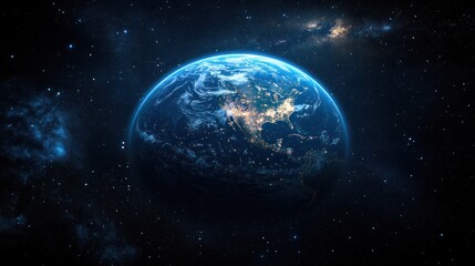 Earth view from space with stars and nebulae against a dark background.