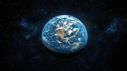 Obraz premium Earth planet view from space showing continents and oceans in dark background.