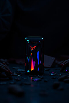 Neon, glowing, bottle, dark, vibrant, colorful, blue, red, purple, orange, glass, reflective, shiny, sleek, modern, futuristic, mysterious, dramatic, moody, atmospheric, glossy, luminous, radiant, bea