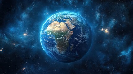 Obraz premium Earth globe view from space with clouds and blue nebula background.