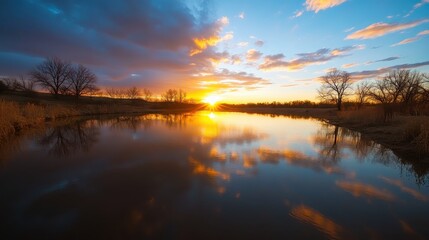 Fototapeta premium Serene Sunset Over Calm Water Silhouetted Trees Golden Sky Reflection Peaceful Landscape Colorful Cloudscape