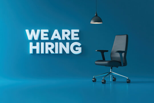 We are hiring announcement with bold 3D text and a sleek office chair on a solid blue background
