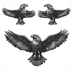 Fototapeta premium Three black and white illustrations of soaring eagles.