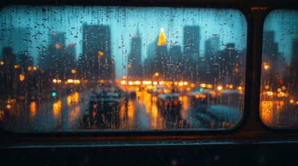 City skyline seen through a rain-streaked window at night with blurred lights.