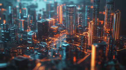 Fototapeta premium Night lights, a city of modern business and smart digital innovation with a network of interconnected rewards over the cityscape of the future smart wireless digital city and social media network that