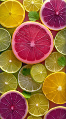 Zesty Citrus Symphony: A vibrant array of freshly sliced citrus fruits, artfully arranged, showcasing their vivid colors and juicy textures, offering a refreshing visual feast.