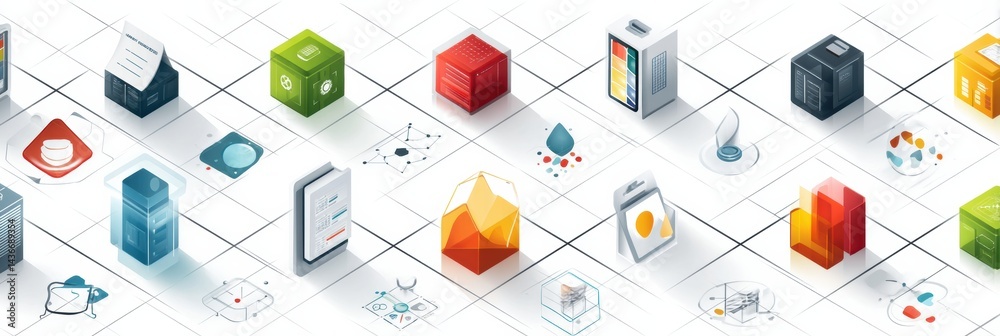 Leinwandbilder explore various isometric icons and digital symbols arranged on a clean grid background reflecting m
