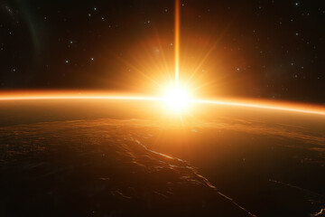 Breathtaking sunrise over a planet's horizon viewed from space with glowing atmosphere and starlit cosmos