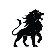 A striking black silhouette of a roaring lion standing proudly, isolated on a pure white background.