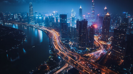 Fototapeta premium Night lights, a city of modern business and smart digital innovation with a network of interconnected rewards over the cityscape of the future smart wireless digital city and social media network that