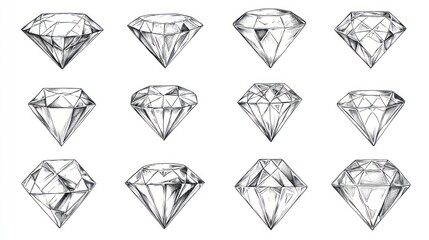 Diamond sketches in various angles and sizes for jewelry design or artistic study