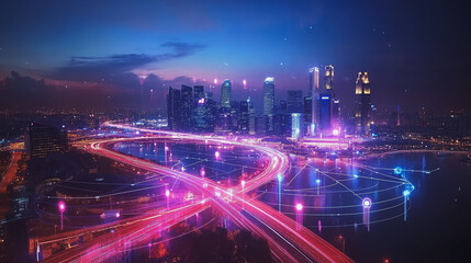 Fototapeta premium Night lights, a city of modern business and smart digital innovation with a network of interconnected rewards over the cityscape of the future smart wireless digital city and social media network that