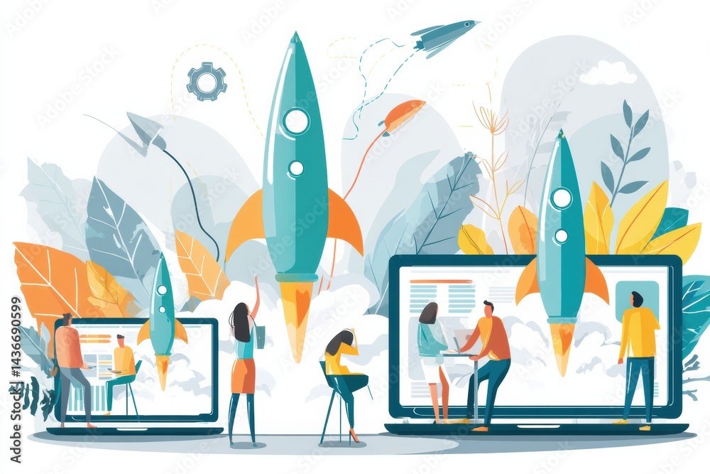 Leinwandbilder startup team collaborates to launch rocket from laptops in innovative digital workspace