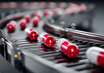 Red and White Capsule Pills on Conveyor Belt in Pharmaceutical Factory – Medicine Production Line Advertisement