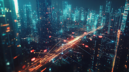 Fototapeta premium Night lights, a city of modern business and smart digital innovation with a network of interconnected rewards over the cityscape of the future smart wireless digital city and social media network that