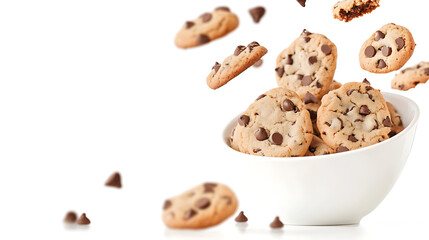 Chocolate chip cookies falling into a white bowl with chips scattered on a white background.