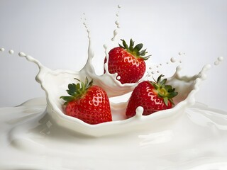 three fresh red strawberries splashing into white milk against a pure white background