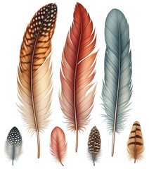 Hand drawn feathers illustration isolated on white background.
feathers of the bird collection, quill seamless pattern
