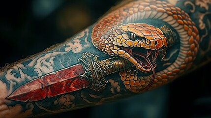 Obraz premium Snake sword forearm tattoo art high resolution photo