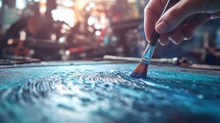 Fototapeta premium Artists Hand Applying Teal Paint with a Brush on Canvas CloseUp View in a Studio Setting