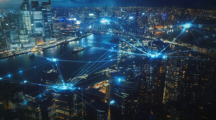 Night lights, a city of modern business and smart digital innovation with a network of interconnected rewards over the cityscape of the future smart wireless digital city and social media network that