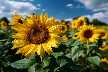 Fototapeta premium Vibrant sunflowers bloom under a bright blue sky in a lush field during the warmth of summer