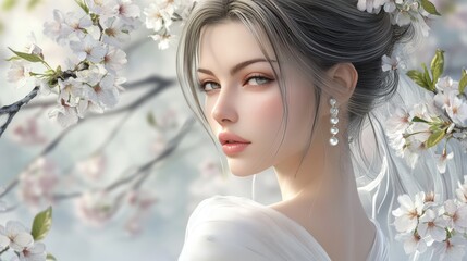 Naklejka premium Elegant japanese woman in white dress amid cherry blossoms, capturing spring s tranquil beauty