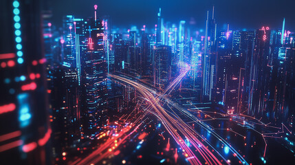 Fototapeta premium Night lights, a city of modern business and smart digital innovation with a network of interconnected rewards over the cityscape of the future smart wireless digital city and social media network that