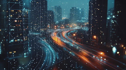 Fototapeta premium Night lights, a city of modern business and smart digital innovation with a network of interconnected rewards over the cityscape of the future smart wireless digital city and social media network that