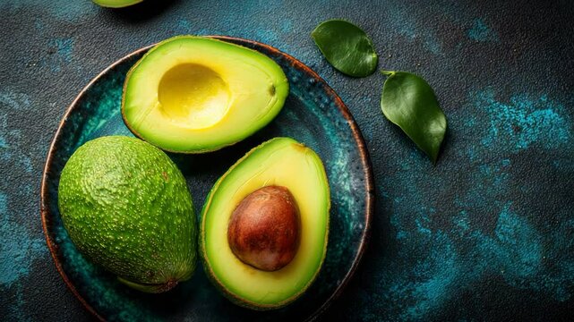 Ripe avocados halves displayed on a rustic, dark blue textured surface, with fresh green leaves, creating a healthy and visually appealing arrangement.