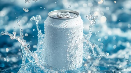A white soda can, seemingly floating against a blue backdrop, is captured in a product photo.  Water splashes around it, adding dynamic visual interest.
 