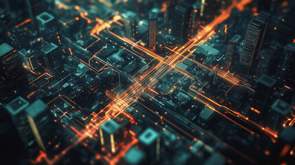 Night lights, a city of modern business and smart digital innovation with a network of interconnected rewards over the cityscape of the future smart wireless digital city and social media network that