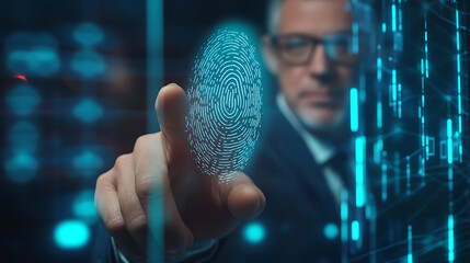 A finger touching a digital fingerprint interface with glowing lines and dark background.