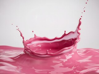 a vibrant pink milk splash suspended mid-air, The splash forms a smooth, curvilinear shape with a deep well at its center and delicate