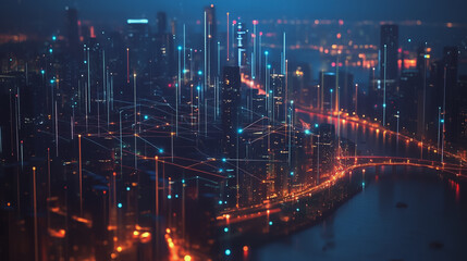 Night lights, a city of modern business and smart digital innovation with a network of interconnected rewards over the cityscape of the future smart wireless digital city and social media network that