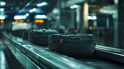 Bags travel on the airport's baggage carousel.  Suitcases glide along the conveyor belt.
 