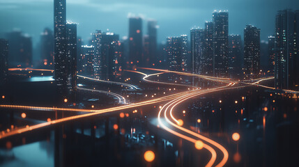 Fototapeta premium Night lights, a city of modern business and smart digital innovation with a network of interconnected rewards over the cityscape of the future smart wireless digital city and social media network that