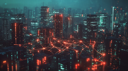 Obraz premium Night lights, a city of modern business and smart digital innovation with a network of interconnected rewards over the cityscape of the future smart wireless digital city and social media network that
