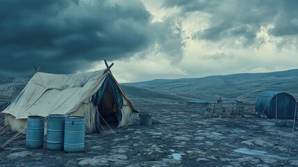Stormy Landscape with Canvas Tent and Barrels