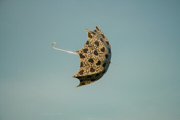 A black and white patterned umbrella with handle floats against a plain sky. Conveys abstract themes of freedom, weather, or unexpected events.